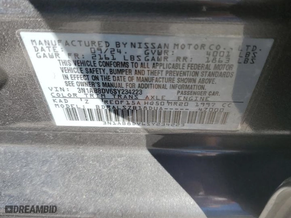 2025 Nissan Sentra SR with VIN 3N1AB8DV6SY234223, listed as a Copart auction lot 46276065 with 6,496 mi miles and Salvage Title. Bid and sale history available at carsss.com. Image 12.