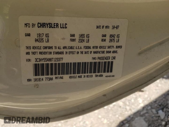 2008 Chrysler PT Cruiser with VIN 3C3HY55X08T123377, listed as a Copart auction lot 68232804 with 58,175 mi miles and Salvage Title. Bid and sale history available at DreamBid. Image 12.