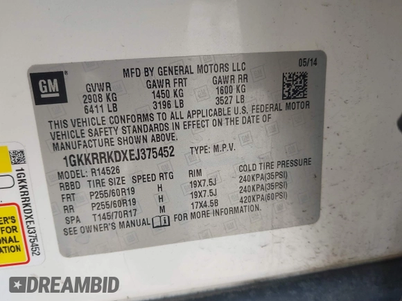 2014 GMC Acadia SLT with VIN 1GKKRRKDXEJ375452, listed as a IAAI auction lot 41652779 with 155,584 mi miles. Bid and sale history available at carsss.com. Image 9.