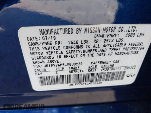 2020 Infiniti Q50 Red Sport 400 with VIN JN1FV7AP5LM630239, listed as a IAAI auction lot 41844794 with 59,042 mi miles and . Bid and sale history available at DreamBid. Image 9.
