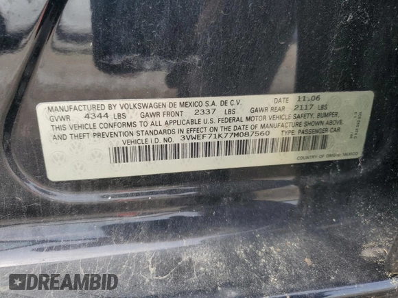 2007 Volkswagen Jetta Wolfsburg Edition z VIN 3VWEF71K77M087560, wystawiony jako Copart lot #60809985 z przebiegiem 151 561 mil mil oraz Szkoda całkowita • Salvage title. Historia ofert i sprzedaży dostępna na DreamBid. Obrazek 12.