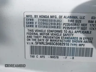 2012 Honda Odyssey EX-L with VIN 5FNRL5H65CB082916, listed as a IAAI auction lot 42052713 with 217,267 mi miles and . Bid and sale history available at carsss.com. Image 9.