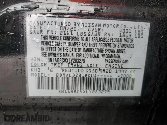2020 Nissan Sentra SV with VIN 3N1AB8CVXLY283279, listed as a Copart auction lot 49406865 with Not Provided miles and Salvage Title. Bid and sale history available at DreamBid. Image 13.