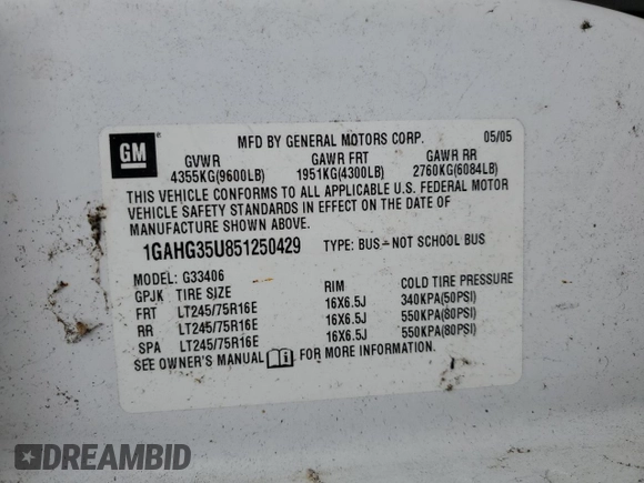 2005 Chevrolet Express Passenger with VIN 1GAHG35U851250429, listed as a Copart auction lot 45600415 with Not provided miles and Salvage title. Bid and sale history available at DreamBid. Image 13.