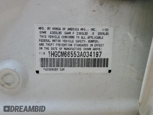 2003 Honda Accord EX z VIN 1HGCM66553A034197, wystawiony jako Copart lot #59805425 z przebiegiem 238 447 mil mil oraz Nie do naprawy • Non repairable. Historia ofert i sprzedaży dostępna na DreamBid. Obrazek 13.