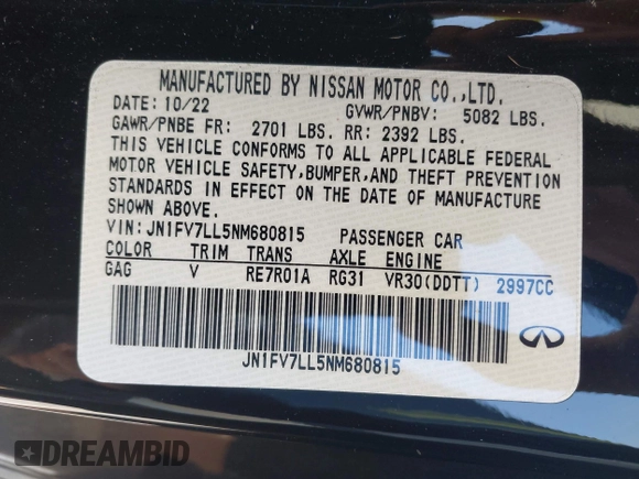 2022 Infiniti Q60 Red Sport 400 with VIN JN1FV7LL5NM680815, listed as a IAAI auction lot 42114128 with 15,584 mi miles and . Bid and sale history available at DreamBid. Image 9.