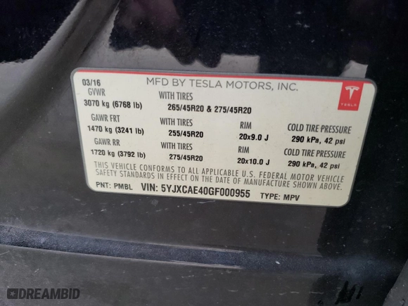 2016 Tesla Model X P90D with VIN 5YJXCAE40GF000955, listed as a Copart auction lot 40615193 with 93,029 mi miles. Bid and sale history available at carsss.com. Image 13.