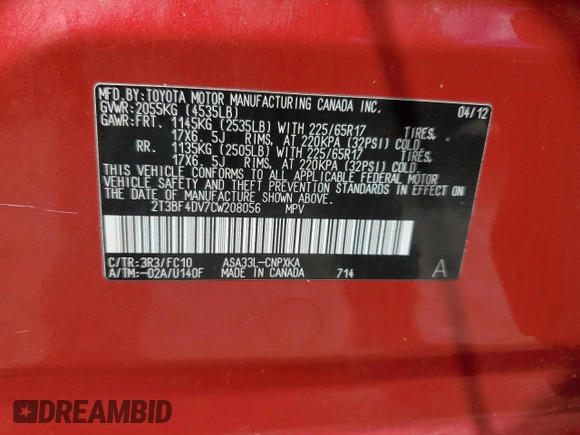 2012 Toyota RAV4 с VIN 2T3BF4DV7CW208056, выставлен на аукционе Copart как лот 65612005 с пробегом 142 122 миль миль и Чистый • Clean title. История ставок и продаж доступна на DreamBid. Изображение 13.