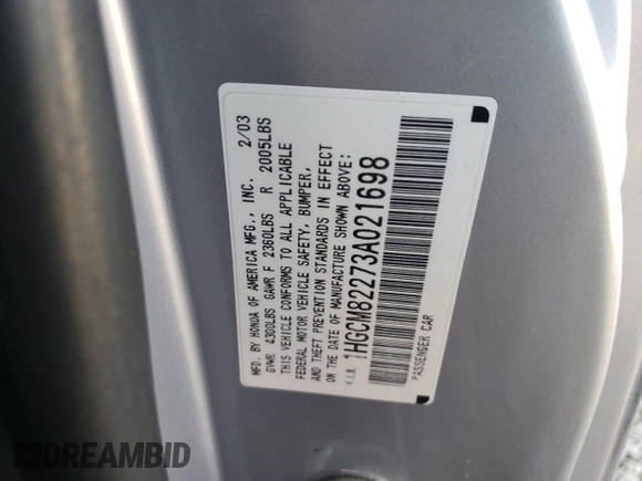 2003 Honda Accord LX with VIN 1HGCM82273A021698, listed as a Copart auction lot 83670364 with 106,257 mi miles and Salvage title. Bid and sale history available at DreamBid. Image 13.