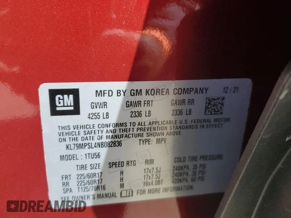 2022 Chevrolet TrailBlazer LT with VIN KL79MPSL4NB082836, listed as a Copart auction lot 46804885 with 80,293 mi miles and Salvage Title. Bid and sale history available at DreamBid. Image 13.