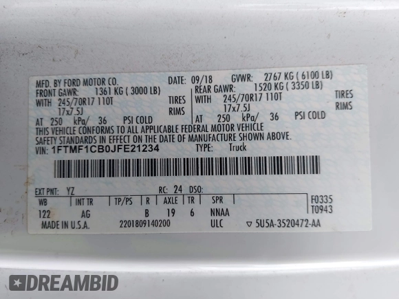 2018 Ford F-150 XL with VIN 1FTMF1CB0JFE21234, listed as a IAAI auction lot 42605399 with 243,035 mi miles and . Bid and sale history available at DreamBid. Image 9.
