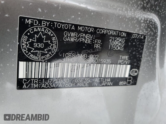 2015 Lexus IS 250 with VIN JTHCF1D28F5015935, listed as a Copart auction lot 83151654 with 147,964 mi miles and Salvage title. Bid and sale history available at DreamBid. Image 12.