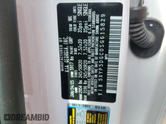 2025 Kia Telluride SX X-Line с VIN 5XYP5DGC0SG615829, выставлен на аукционе Copart как лот 54059675 с пробегом 5 337 миль миль и Списание • Salvage title. История ставок и продаж доступна на DreamBid. Изображение 13.
