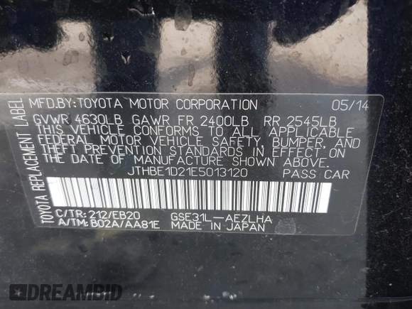 2014 Lexus IS 350 with VIN JTHBE1D21E5013120, listed as a IAAI auction lot 41491004 with 79,088 mi miles and . Bid and sale history available at DreamBid. Image 9.