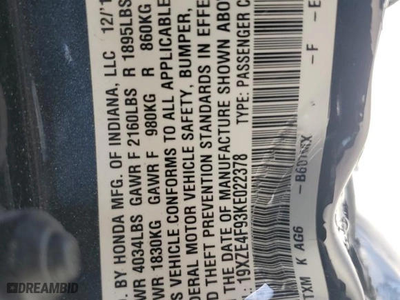 2019 Honda Insight Touring with VIN 19XZE4F93KE022378, listed as a Copart auction lot 47060595 with 36,180 mi miles and Salvage Title. Bid and sale history available at carsss.com. Image 12.