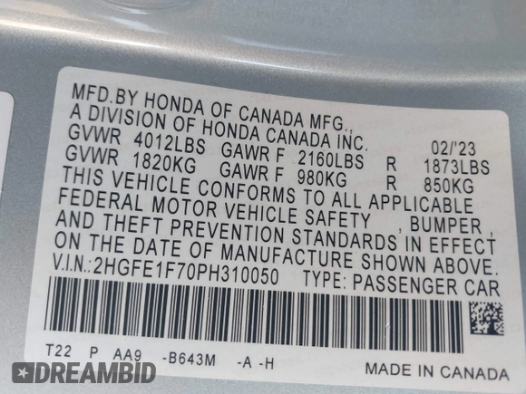 2023 Honda Civic EX с VIN 2HGFE1F70PH310050, выставлен на аукционе IAAI как лот 42100849 с пробегом 6 518 миль миль и . История ставок и продаж доступна на DreamBid. Изображение 9.