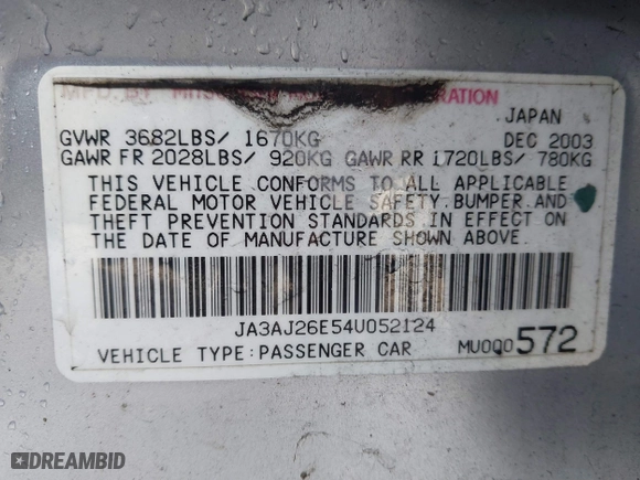 2004 Mitsubishi Lancer ES with VIN JA3AJ26E54U052124, listed as a IAAI auction lot 41804473 with 165,786 mi miles. Bid and sale history available at carsss.com. Image 9.
