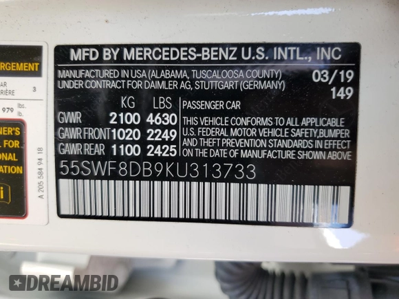 2019 Mercedes-Benz C 300 с VIN 55SWF8DB9KU313733, выставлен на аукционе Copart как лот 57355745 с пробегом 42 301 миль миль и Списание • Salvage title. История ставок и продаж доступна на DreamBid. Изображение 13.