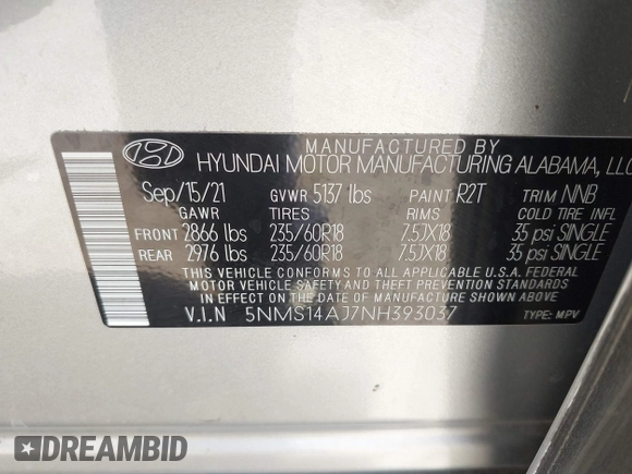 2022 Hyundai Santa Fe SE with VIN 5NMS14AJ7NH393037, listed as a IAAI auction lot 42276818 with 77,656 mi miles and . Bid and sale history available at DreamBid. Image 9.