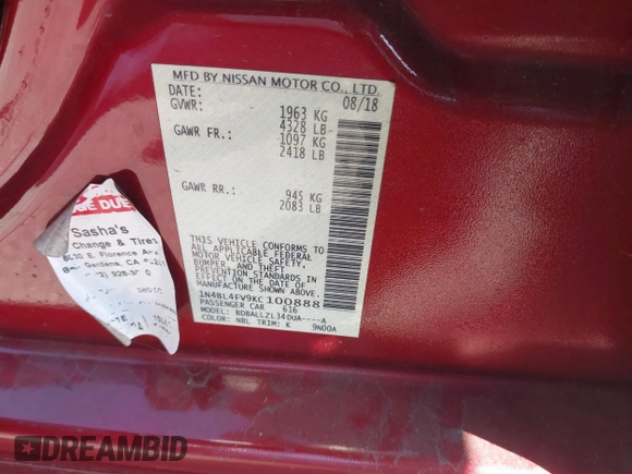 2019 Nissan Altima 2.5 Platinum with VIN 1N4BL4FV9KC100888, listed as a IAAI auction lot 41742079 with 88,212 mi miles. Bid and sale history available at carsss.com. Image 9.