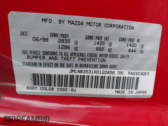 1999 Mazda MX-5 Miata with VIN JM1NB3531X0120856, listed as a IAAI auction lot 41531407 with 92,512 mi miles and . Bid and sale history available at DreamBid. Image 9.