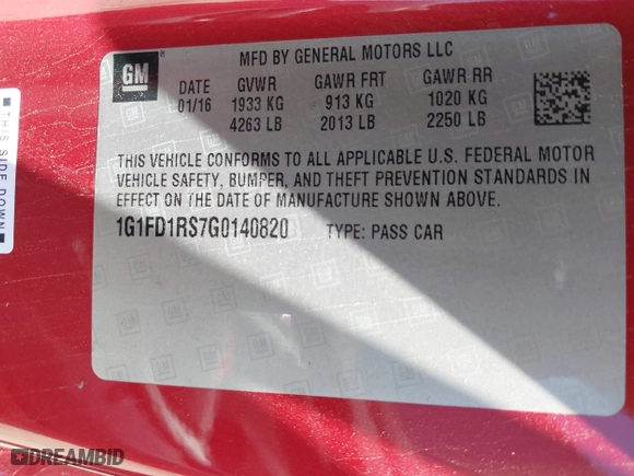 2016 Chevrolet Camaro 2LT with VIN 1G1FD1RS7G0140820, listed as a IAAI auction lot 41665790 with 73,556 mi miles. Bid and sale history available at carsss.com. Image 9.