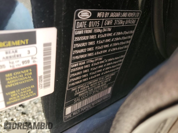 2015 Land Rover Range Rover Supercharged with VIN SALGS3TF3FA213286, listed as a Copart auction lot 63522135 with 98,511 mi miles and Salvage title. Bid and sale history available at DreamBid. Image 13.