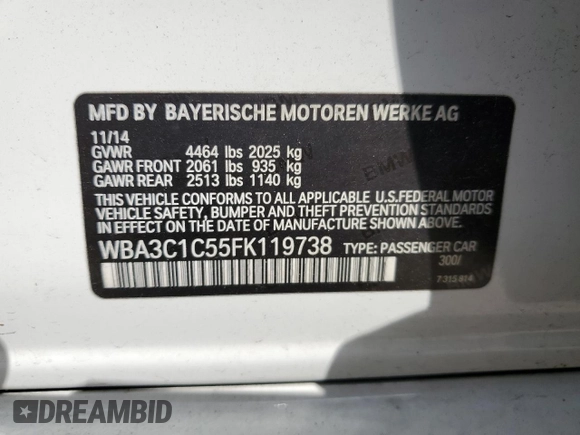 2015 BMW 3 Series 328i with VIN WBA3C1C55FK119738, listed as a Copart auction lot 50890785 with 127,509 mi miles and Salvage Title. Bid and sale history available at carsss.com. Image 13.