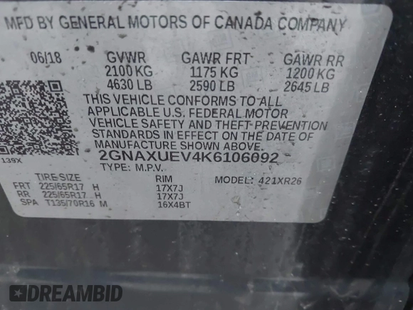 2019 Chevrolet Equinox LT with VIN 2GNAXUEV4K6106092, listed as a IAAI auction lot 42010880 with 66,011 mi miles and . Bid and sale history available at DreamBid. Image 9.