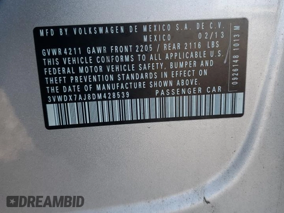 2013 Volkswagen Jetta SE z VIN 3VWDX7AJ8DM428539, wystawiony jako Copart lot #49662365 z przebiegiem 122 768 mil mil oraz Szkoda całkowita • Salvage title. Historia ofert i sprzedaży dostępna na DreamBid. Obrazek 12.