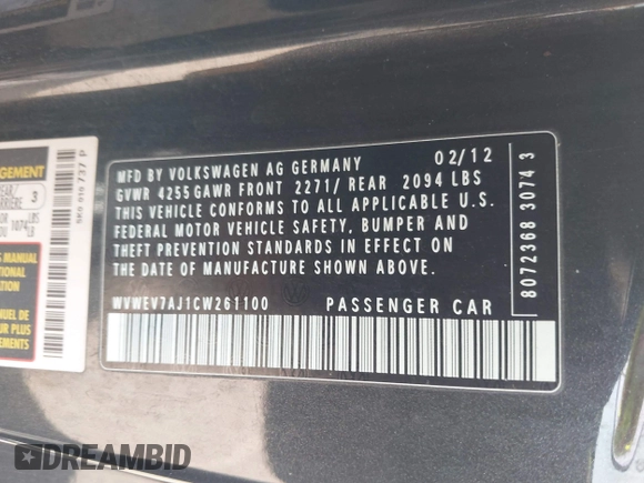 2012 Volkswagen GTI w/Conv & Sunroof z VIN WVWEV7AJ1CW261100, wystawiony jako IAAI lot #42398260 z przebiegiem 206 160 mil mil oraz . Historia ofert i sprzedaży dostępna na DreamBid. Obrazek 9.