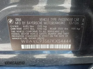 2007 BMW 3 Series 328xi with VIN WBAVC93567KX54444, listed as a IAAI auction lot 41819919 with 1 mi miles. Bid and sale history available at carsss.com. Image 9.