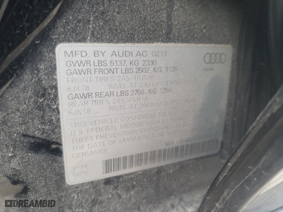 2013 Audi allroad Premium Plus with VIN WA1UFAFL5DA206819, listed as a Copart auction lot 54005695 with 138,893 mi miles and Clean Title. Bid and sale history available at carsss.com. Image 12.