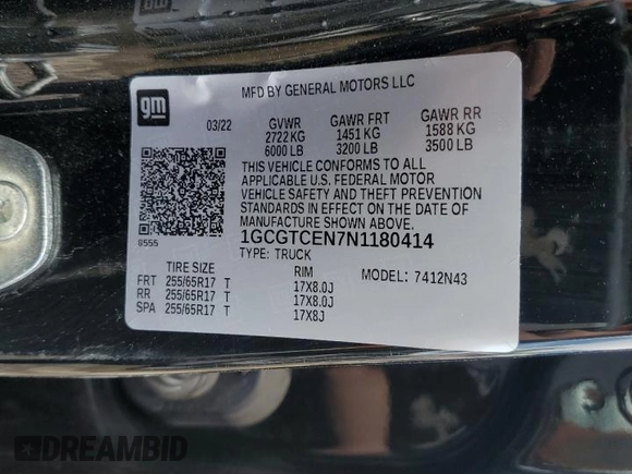 2022 Chevrolet Colorado 4WD LT with VIN 1GCGTCEN7N1180414, listed as a Copart auction lot 59862805 with 52,672 mi miles and Salvage title. Bid and sale history available at DreamBid. Image 12.