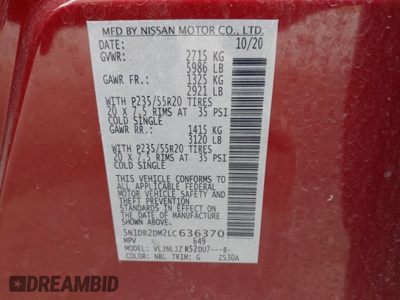 2020 Nissan Pathfinder Platinum with VIN 5N1DR2DM2LC636370, listed as a IAAI auction lot 42388117 with 79,825 mi miles and . Bid and sale history available at DreamBid. Image 9.