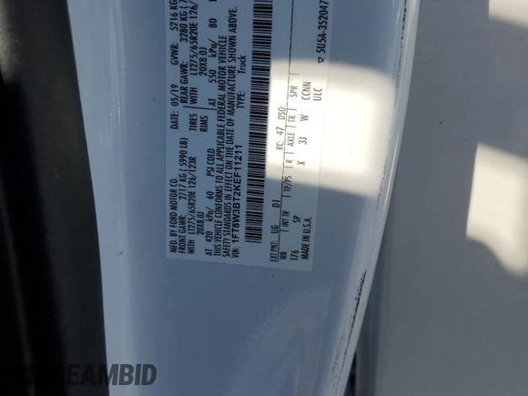2019 Ford F-350 XL with VIN 1FT8W3BT2KEF11211, listed as a Copart auction lot 57955305 with Not provided miles and Salvage title. Bid and sale history available at DreamBid. Image 12.