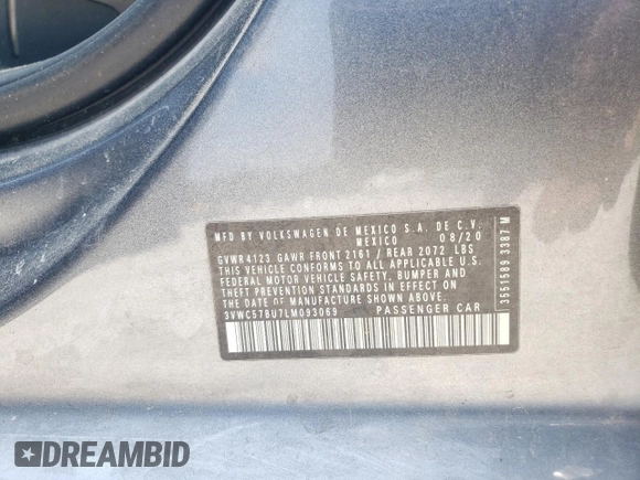 2020 Volkswagen Jetta S z VIN 3VWC57BU7LM093069, wystawiony jako Copart lot #54860685 z przebiegiem 74 464 mil mil oraz Szkoda całkowita • Salvage title. Historia ofert i sprzedaży dostępna na DreamBid. Obrazek 12.