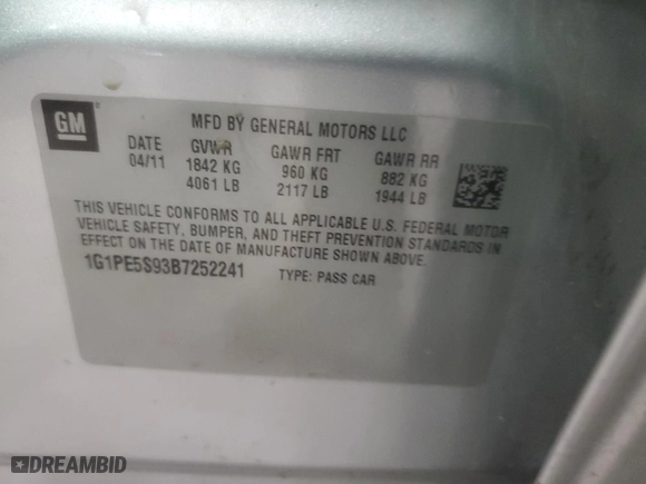 2011 Chevrolet Cruze LT w/1FL with VIN 1G1PE5S93B7252241, listed as a Copart auction lot 82967284 with 209,194 mi miles and Salvage Title. Bid and sale history available at carsss.com. Image 12.