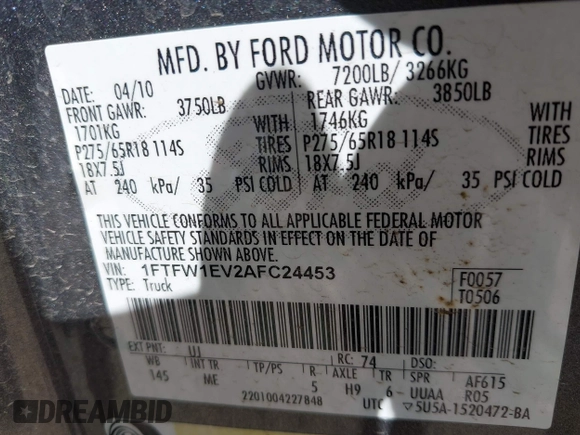 2010 Ford F-150 XL with VIN 1FTFW1EV2AFC24453, listed as a IAAI auction lot 42460799 with 157,014 mi miles and . Bid and sale history available at DreamBid. Image 9.
