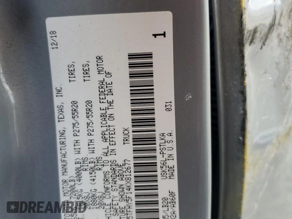2019 Toyota Tundra SR5 z VIN 5TFHY5F14KX812677, wystawiony jako Copart lot #51691455 z przebiegiem Nie podano mil oraz Szkoda całkowita • Salvage title. Historia ofert i sprzedaży dostępna na DreamBid. Obrazek 14.