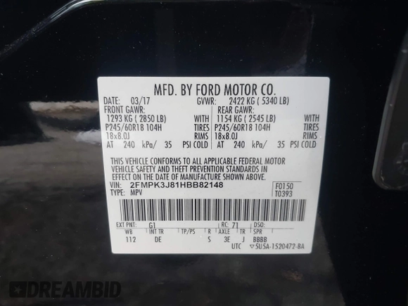 2017 Ford Edge SEL with VIN 2FMPK3J81HBB82148, listed as a IAAI auction lot 41739553 with 87,154 mi miles. Bid and sale history available at carsss.com. Image 9.