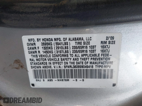 2009 Honda Odyssey LX with VIN 5FNRL38289B049418, listed as a IAAI auction lot 41777253 with 151,512 mi miles and . Bid and sale history available at DreamBid. Image 9.