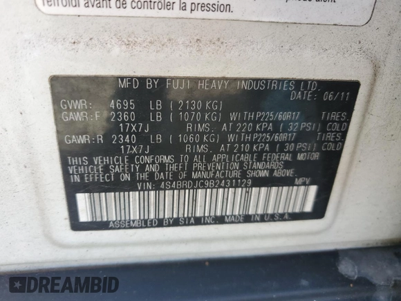 2011 Subaru Outback 3.6R Limited with VIN 4S4BRDJC9B2431129, listed as a Copart auction lot 51200805 with 173,882 mi miles and Salvage Title. Bid and sale history available at carsss.com. Image 13.