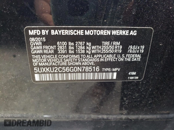 2016 BMW X6 xDrive35i with VIN 5UXKU2C56G0N78516, listed as a Copart auction lot 56144323 with 152,622 mi miles. Bid and sale history available at carsss.com. Image 12.
