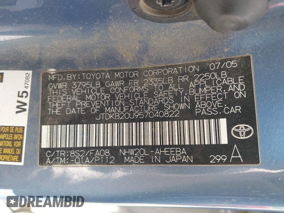 2005 Toyota Prius with VIN JTDKB20U957040822, listed as a IAAI auction lot 42129542 with 214,455 mi miles. Bid and sale history available at carsss.com. Image 9.