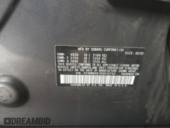 2022 Subaru Legacy with VIN 4S3BWAB61N3015742, listed as a Copart auction lot 44921055 with 77,641 mi miles and Clean title. Bid and sale history available at DreamBid. Image 12.