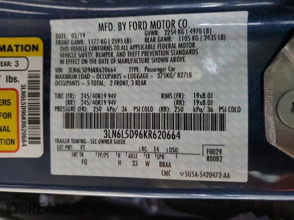 2019 Lincoln MKZ Reserve I z VIN 3LN6L5D96KR620664, wystawiony jako Copart lot #61555115 z przebiegiem 52 436 mil mil oraz Szkoda całkowita • Salvage title. Historia ofert i sprzedaży dostępna na DreamBid. Obrazek 13.