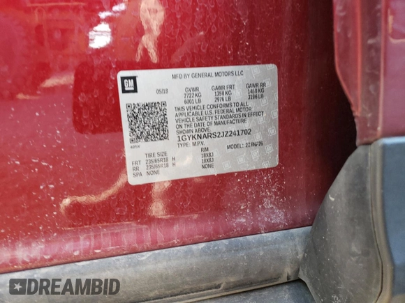 2018 Cadillac XT5 FWD with VIN 1GYKNARS2JZ241702, listed as a Copart auction lot 84031294 with 67,866 mi miles and Salvage title. Bid and sale history available at DreamBid. Image 13.