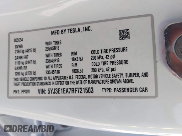 2024 Tesla Model 3 z VIN 5YJ3E1EA7RF721503, wystawiony jako IAAI lot #42246752 z przebiegiem 8 807 mil mil oraz . Historia ofert i sprzedaży dostępna na DreamBid. Obrazek 9.
