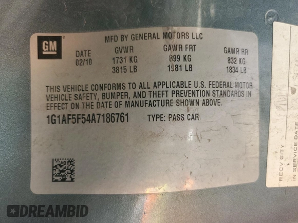 2010 Chevrolet Cobalt 2LT with VIN 1G1AF5F54A7186761, listed as a Copart auction lot 50925725 with 211,695 mi miles and Salvage Title. Bid and sale history available at DreamBid. Image 14.